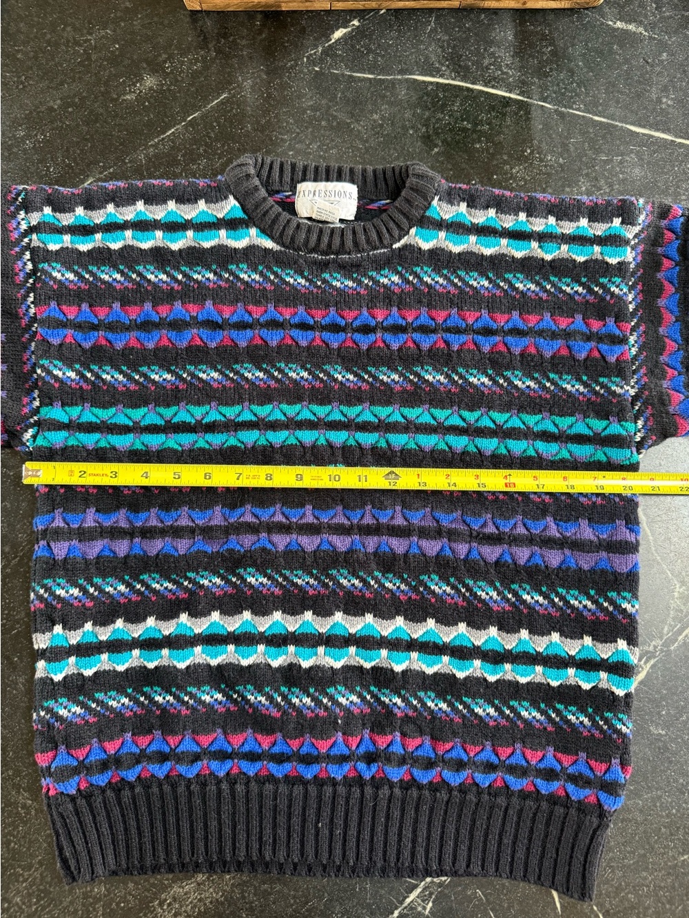 Expressions Multicolored Crewneck Vintage Sweater in Black, Teal and Blue, M - Picture 4 of 5